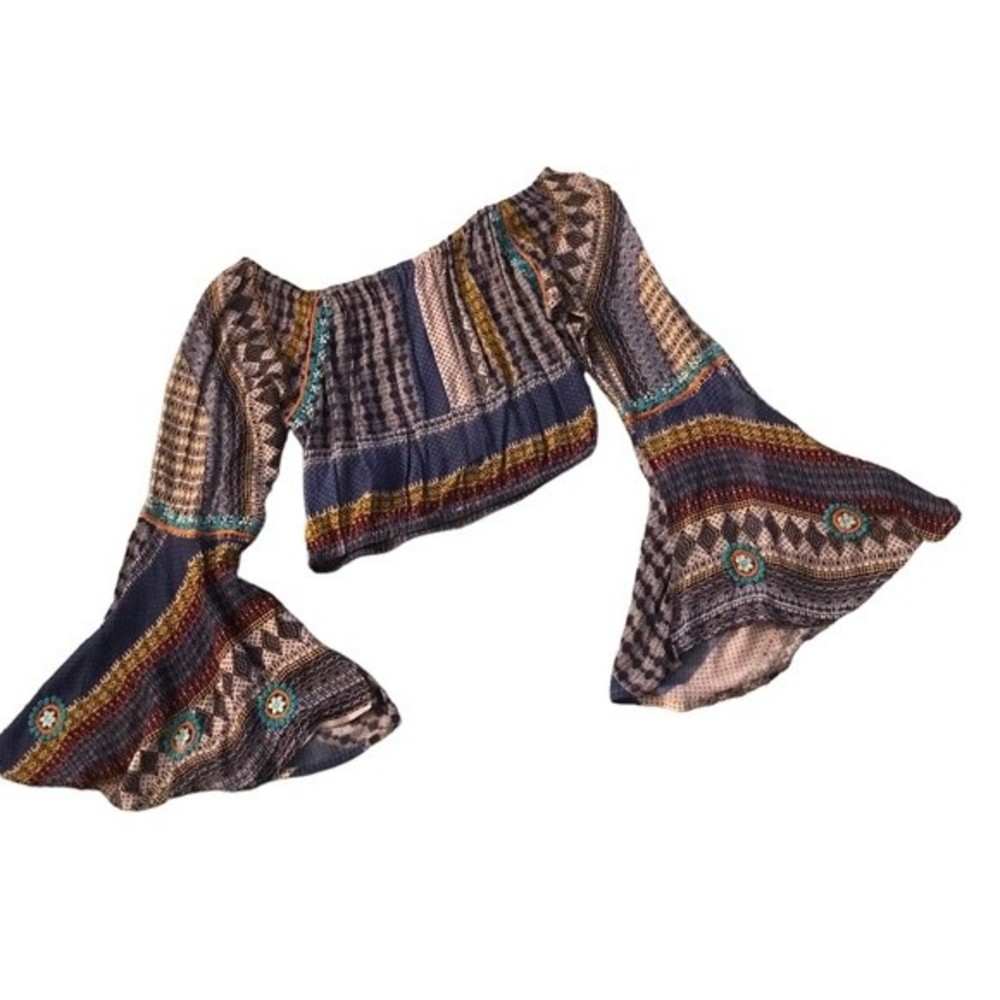 Raga Crop Top Long Bell Sleeves Elastic Neck & Hem Aztec Print Size S